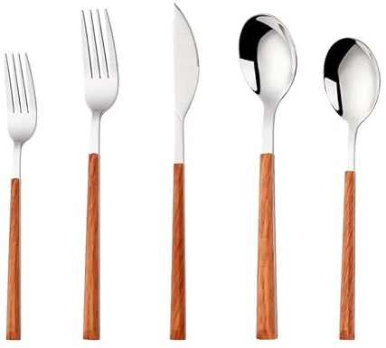 Servizio da tavola 40 pezzi argento posate in acciaio inox per 8 persone, marrone con manico in legno imitazione per cucina, sala da pranzo, servizio da pranzo (colore: ramato)