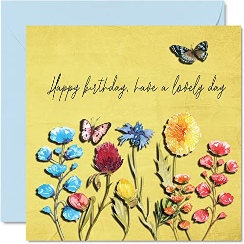 Schöne Geburtstagskarten für Frauen und Sie, Wilde Blumen Floral Lovely Day | Spezielle Happy Birthday Karte für Mutter, Schwester, Tochter, Oma, 145 mm x 145 mm, hübsche Damen-Grußkarten
