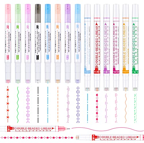 Meetory 14 Stück Curve Textmarker Set, Spitze Stifte mit Verschiedenen Formen, Stempelstifte Flair Stifte Feine Spitzen 13 Farben Highlighter Pen für Scrapbook, Journaling, Planer, Büro