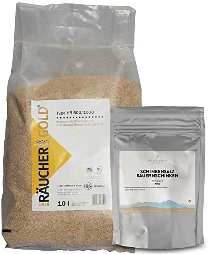 Royal Spice Schinken Komplettset - 250g Schinkensalz für Bauernschinken + 10 Liter Räuchermehl Buche für 5 Kg Fleisch - Fix & Fertiges Set, inkl. Gewürzmischung & Pökelsalz zum Schinken machen