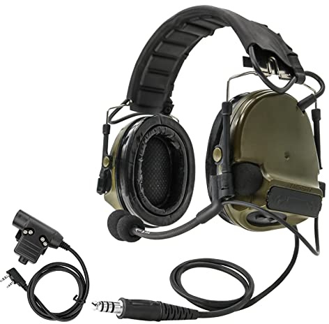 Hearangel COMTA III Casque Tactique Réduction du Bruit Électronique TACSKY Prise de Son, avec Coussinets d'Oreilles en Gel et Ken 2 Broches pour Airsoft Sports (Army Green)