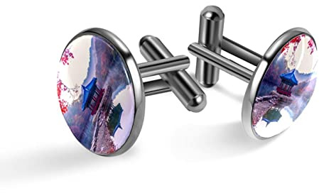 Boutons de manchette pour hommes,Pavillon Nature Paysage boutons de manchette classiques noirs pour costume chemise mariage affaires anniversaire bijoux cadeau