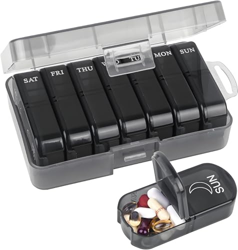 KedioPio Tablettenbox 7 Tage Morgens Abends, Medikamentenbox 7 Tage 2 Fächer Englisch, Pillendose Pillenbox Tabletten Organizer für Unterwegs mit 14 Große Fächer für Tägliche Pillen Vitamine, Schwarz