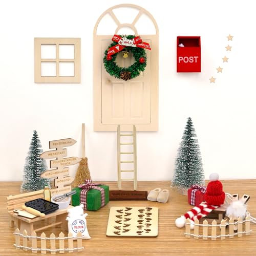 POFIBO Wichteltür Set Weihnachten Wichtel Zubehör - 48PCS Miniatur Wichtel Set mit Backset, Weihnachtswichtel Set Wichtelhaus für Weihnachtsdeko und Kinder Geschenk - perfekt für Advent & Weihnachten