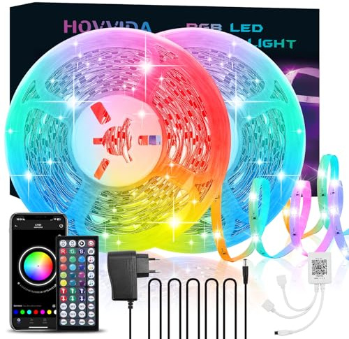 HOVVIDA LED Strip 20M, 2x10M, 24 LEDs/Meter, 24V RGB LED Streifen, 480 LED, APP und Fernbedienung, Musiksynchronisierung, Timing-Modus, für Zimmer, Schlafzimmer, Spielzimmer, Party, Festival