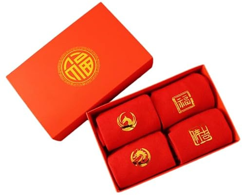 Lot de 4 paires de chaussettes rouges pour le Nouvel An chinois pour homme et femme - Festival du printemps - Naissance du zodiaque porte-bonheur - Cadeau pour votre année du zodiaque du dragon pour