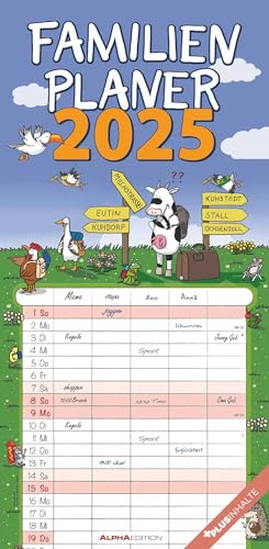Alpha Edition - Familienplaner Happy 2025 Familien-Timer, 22x45 cm, Familienkalender mit 5 Spalten, Ferienterminen, 100-jährigem Kalender, Illustrationen von GUNGA und deutschem Kalendarium