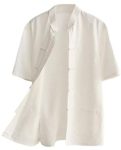 A ALFEEL Traditional Kung Fu Short-Sleeve Cotton Shirt Tai Chi Clothing White