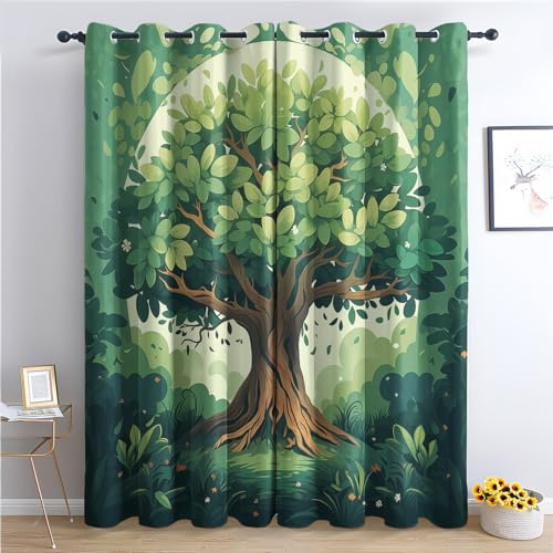Vorhänge Bäume Muster - Kinder Cartoon Pflanzen Fenster Gardinen mit Ösen, Vorhang Blickdicht Verdunklungsvorhänge Thermovorhang für Wohnzimmer Schlafzimmer Deko 2er Set, H 137 x B 117 cm P&-2