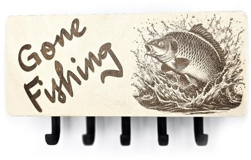 Gone Fishing Keyring Holder Wall Mounted Engraved Key Chain Rack Decorative Sign Quote | Small Letter Slot Storage Wooden Plaque | Gift For Angler FIshermen Car Van House Shed Garage Bike Door