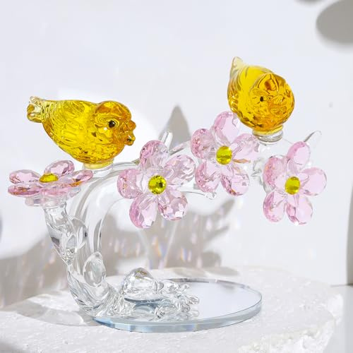 Movdyka Yellow Crystal Flowers with Birds Couples Gifts for Couple Parents | Newlyweds Married Couples Golden Wedding Anniversary Present, Glass Floral Animal Collectibles, Housewarming Ornaments