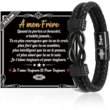 SUNSH Bracelet Frere Cadeau Frère, Cadeau Noel Frere, Bracelets A Mon Frère, Cadeaux pour GrandFrere, Cadeaux Original Homme, Bracelet en Cuir pour Homme, Noël Anniversaire-21,5 cm