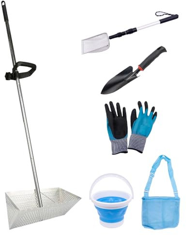 Sand loppkratta set, avtagbart 132 cm långt handtag, inkluderar 1 st sand loppkratta, 1 st sandsyster, 1 st strandväska, 1 st svart strandspade, 1 st vikbar fiskehink, ett par handskar