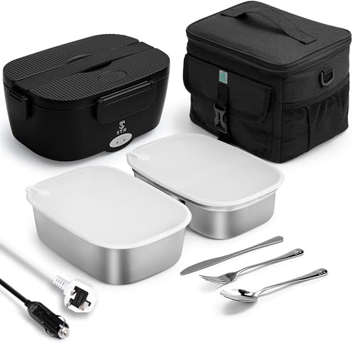 STN Electric Lunch Box Food Heater 80W Heated Lunch Box Set with 2x1.5L 304 SS Container,Cutlery Set,10L Insulated Bags for 12v 24v 220v