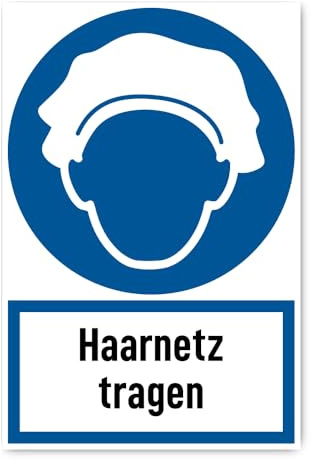 Aufkleber: 300x200 mm, 1 Stück - Haarnetz tragen - Gebotszeichen mit Text (deutsch) (blau/weiß) - hochkant - DIN EN ISO 7010 / ASR A1.3