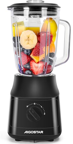 Aigostar Batidora de Vaso, Capacidad 1,5L, 600W, Tritura Hielo. Licuadora con 4 Cuchillas con Recubrimiento de Titanio, 2 Velocidades + Turbo y Función AutoClean. Libre de BPA. Swift