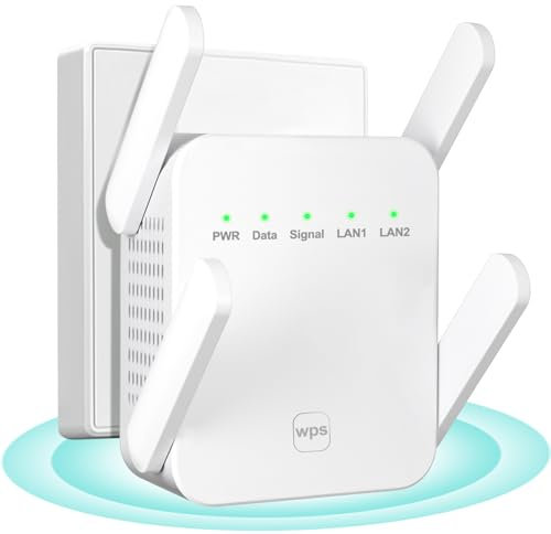 Ripetitore WiFi, amplificatore di segnale WiFi domestico, estensore WiFi, 2 porte LAN, 4 antenne, ripetitore/router/AP, copertura fino a 8.000 pollici quadrati per casa e ufficio