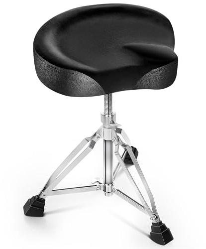 CAHAYA Adjustable Drum Stool Throne - Black Saddle Stool of Thicker Padded Seat With Rotate to Height Adjustable and Double Braced Anti Slip Feet