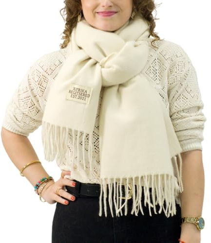 XIFRIKA Bufanda Larga para Mujer con Flecos de Color Beige – Pañuelo Suave, Cálida y Elegante, Bufanda Tamaño 200x64 cm. Abrigada e Ideal para Invierno