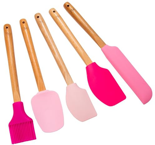 Paris Hilton Silicone Spatula Set, Heat Resistant Kitchen Utensils Tool Set Includes a basting Brush, All-Purpose Spatula, Large Spatula, Spoon and Spreader, 5-Piece Pink