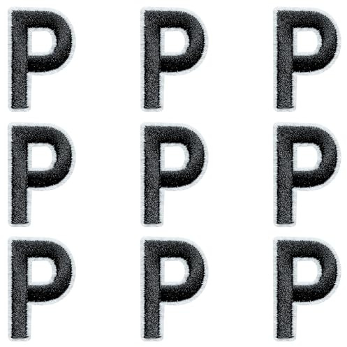 Jongdari Buchstaben zum Aufbügeln für Kleidung, 9 Stück, 3,8 cm, Stickerei, Alphabet, Buchstaben, Applikation für Hemden, Jacken, Hüte, Jeans, Schuhe (Schwarz, P)