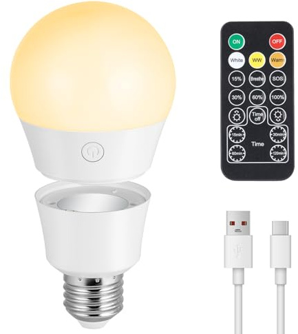 Ampoule LED Rechargeable Avec Télécommande, 7W Ampoule Connectée E27, Dimmable Blanc Chaud/Froid Ampoules à Batterie, Timing, Magnétique Détachable LED Ampoules Sans Fil Pour Lampe,Urgence,Décor