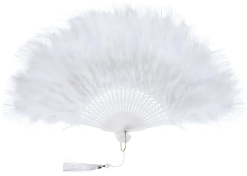 PATIKIL 1920s Vintage Marabou Feather Fan, Flapper Hand Fan White | Folding Handheld Fan for Costume Party Dancing Wedding Show Tea Decoration