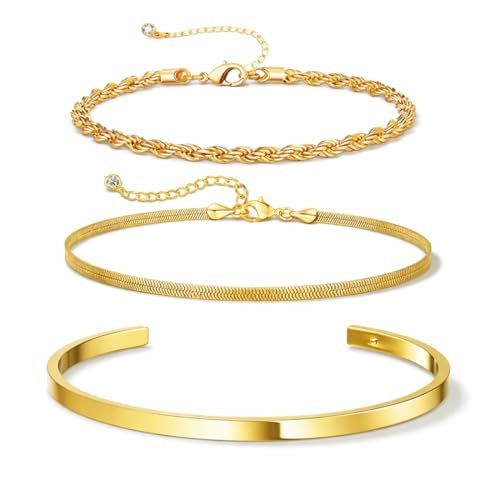 VURYAPI 3 Pezzi Bracciali Oro Uomo Bracciali Acciaio Inossidabile Uomo Corda Maglia Cubana Set Braccialetti A Catena Figaro per Uomo Donna Gioielli Regalo(3)