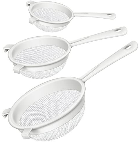 Werwing Set di 3 colini a maglia fine con manico, colino in plastica e setaccio per farina, per forno, tè, kefir, setaccio piccolo/medio/grande e colino da cucina (7,6 cm, 12,7 cm, 17,8 cm)