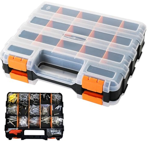 DASBET Double-Sided Tool Organizer 34-Compartment Storage Box | Customizable Removable Dividers Tool Box with Transparent Lid DIY Hardware Assortment Organizer for Screws, Nuts, Small Parts