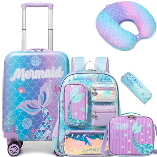 HTgroce 5pcs Kinderkoffer mit Schulranzen Set, Kids Suitcase, Kindergepäck mit Rollen, Reisekoffer mit Teleskopgriff, Hartschalenkoffer für Kinder, Kindertrolley