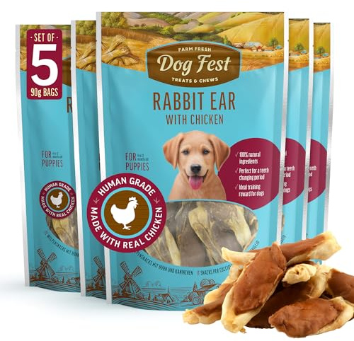 Dog Fest Premium Rabbit Ears with Chicken for Puppies – High Meat Content Natural Puppy Dog Treats – Rawhide Free Long Lasting Chewy Teething & Dental Support Snacks – 90g (Pack of 5)