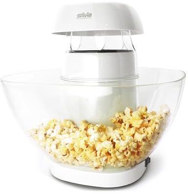 Silva Schneider Heißluft-Popcornautomat PM 440, 1200 W – fettfreie Zubereitung in 2 Min., inkl. 4,5 L Schüssel, automatische Abschaltung, Ein/Aus-Schalter, rutschfest – Weiß