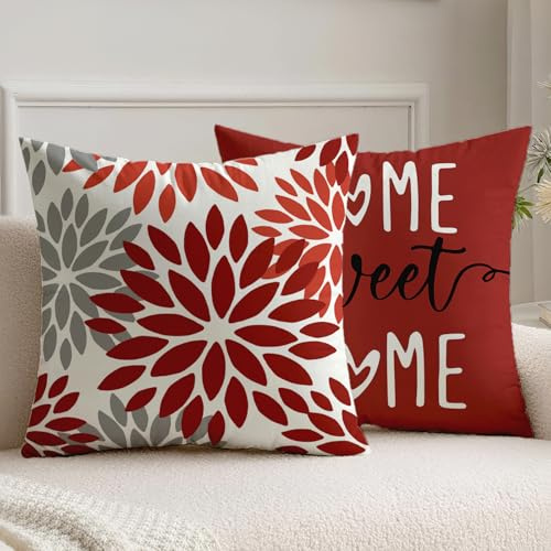 Vorysum 2er Set Kissenbezug 40x40 cm Rot Dahlien Outdoor Kissen Modern Kissenbezüge Blumen Dekorative Sofakissen Samt Optik für Garten Sofa Wohnzimmer Bett Doppelseitiges Muster