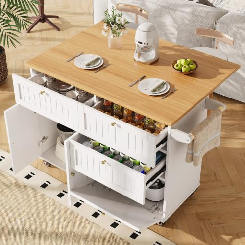Huayz Isla de cocina, carrito de isla de cocina con encimera plegable, ruedas y patas de madera intercambiables, 2 puertas y 3 cajones, armario buffet, mesa de isla para cocina y comedor (blanco)