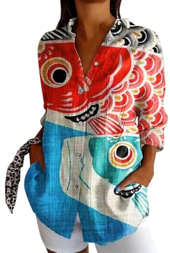 Damen Bluse Langerm V-Ausschnitt Tunika Sommer Tops Locker Shirt Elegant Lässig Oberteil Vintage Fisch Kunstdruck Hemdbluse Aquarell-Illustration Blusen Hellgrün Beige