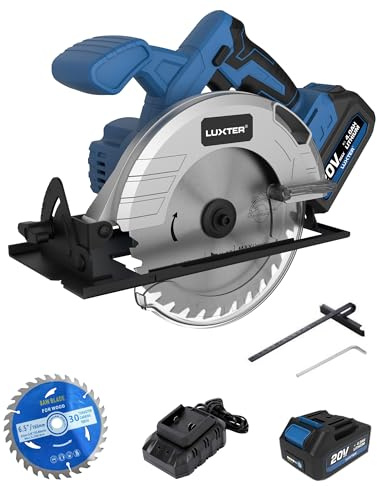 LUXTER Cordless Brushless Circular Saw 6.5 Inch Blade with 4.0Ah Battery and Charger Electric Circular Saw Adjustable Angle & Dept 5000RPM 2PCS Blades for Tiles Wood Soft Metal Plastic