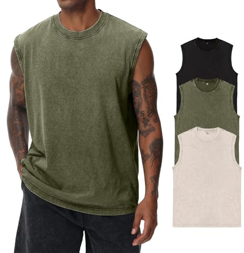Camiseta de manga corta de verano para hombre, HOUZONIY, para fitness sin mangas, chaqueta, camiseta sin mangas lavada, para entrenamiento, gimnasio, algodón, L