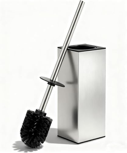 Toilet Brush and Holder Set, NEWRAIN Toilet Brush with Long Brush Handle, Stainless Steel Toilet Scrubber and Covered Holder, Square Design Sturdy and Space Saving, Covered Brush