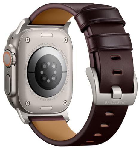 Bandletic Echtlederarmband kompatibel mit Apple Watch Ultra 3/2/1 Armband | Leder Armband für iWatch Ultra 3/2 49mm, Series 11/10 46mm, 9/8/7 45mm, SE3/SE2/SE/6/5/4 44mm, 3/2/1 42mm für Herren Damen