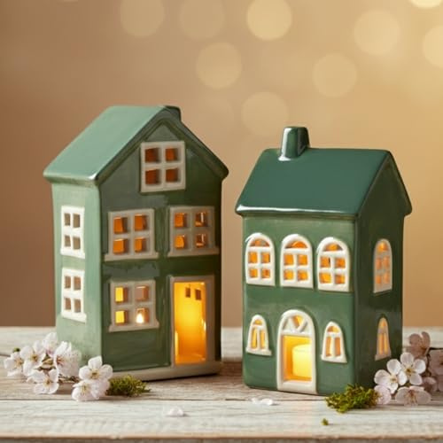2er Set Keramik Windlicht Häuser in grün - Dekohäuser Teelichthalter für Weihnachten, Herbstdeko, Fensterbank & Tisch
