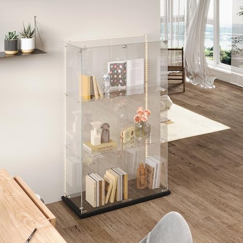 SUNFECILI Glasdisplay med 3 nivåer, vitrinskåp med glaslås, 123,3 x 35 x 78,5 cm, stående display med LED, modern samlarskåp, smart vitrinskåp (dubbel dörr + bar