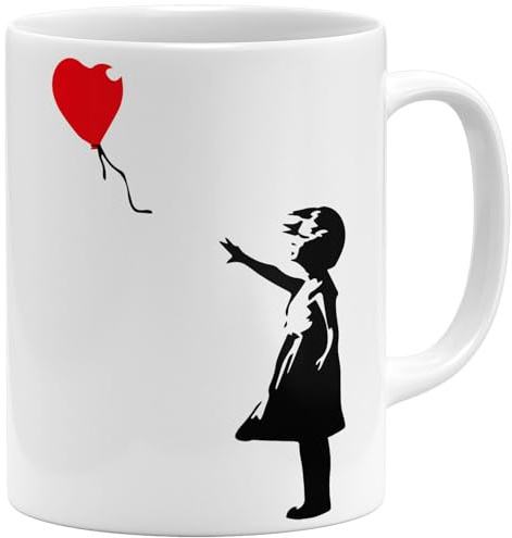 OM3® Banksy Kaffee-Tasse mit Balloon Girl - Street Art Graffiti Stencil - Keramik Becher - 325ml - Beidseitig Bedruckt - Weiss