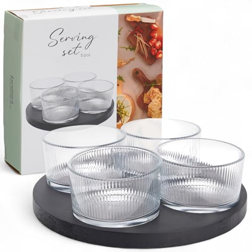 MIJOMA Servierset 5-teilig - 4 gerippte Glasschalen mit rundem schwarzem Holztablett - Modernes Snack- & Dipset - Stilvolle Tischdeko - zum Servieren & Dekorieren