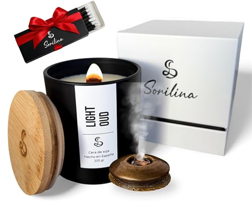 SORILINA Vela Aromática Oud Cera de Soja Mecha de Madera Aroma Oriental | Cerillas de regalo