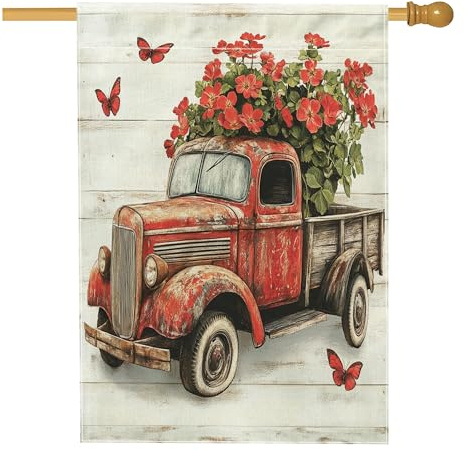 Banderas de geranio de primavera de 28 x 40 pulgadas, de doble cara, flores de madera rústica, para camión, banderas de arpillera estándar para el hogar, banderas florales para decoración al aire