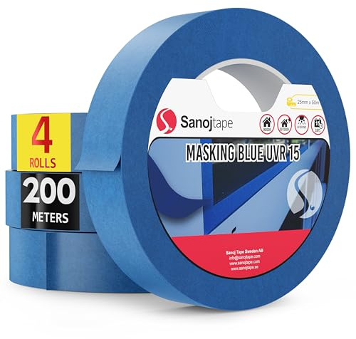 Sanojtape Malerkrepp Blau 25mm × 50m (4er-Pack) – Malerband & Abdeckband für Malerarbeiten – UV-beständig, saubere Entfernung bis 14 Tage – Innen/Außen, Fenster & Leisten