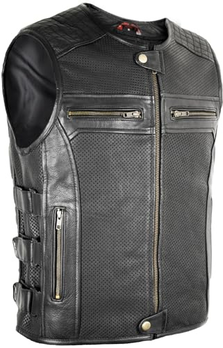 MDM Gilet Moto Uomo in Vera Pelle Traforata, Stile Biker SWAT Estivo con Cerniera Frontale, Tasche con Zip e Chiusure Laterali Regolabili a Strappo in Pelle Nera (IT, Testo, M, Regular, Regular)