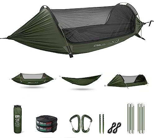 ETROL Camping Hammock with Mosquito Net,3 in 1 Function Parachute Portable Hammock,Double & Single Hammocks Tent for Travel Outdoor Indoor Hiking Patio - with Tree ​Straps,Carabiners,Aluminium Poles