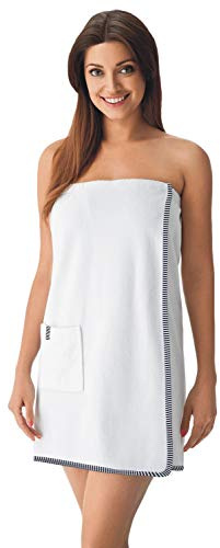 DOROTA Soffice Asciugamano/Telo Spa in Puro Cotone con Pratica Chiusura a Strappo, Elastico e Taschino, Bianco/Blu, L/XL (46/48)